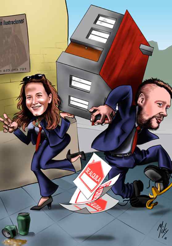 /Caricatura de dos comerciales de una inmobiliaria. Detalle cómico del peso que tienen que llevar para poder alquilar o comprar una vivienda