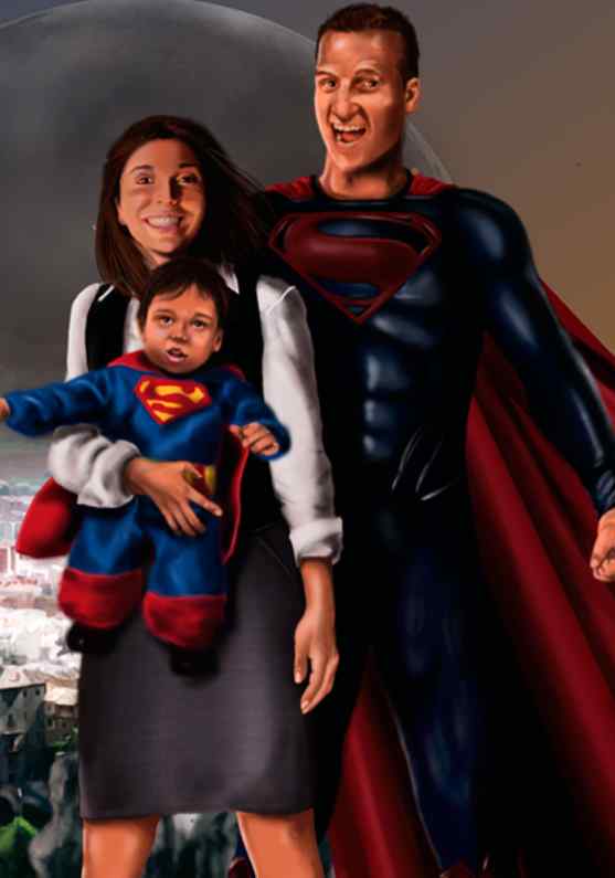 /Ilustración de familia simulando ser Superman, Lois Lane y Superboy. Sobre foam 42xm x 60cm