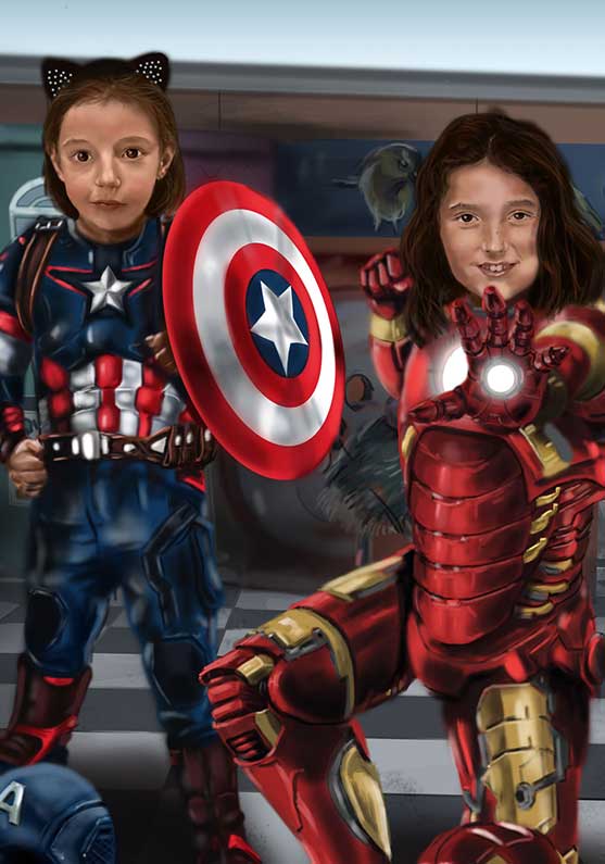 /Ilustración de unas pequeñas niñas fans de los comic de Marvel. Iron man y Capitán América en la piel de dos dulces niñas. Ilustración sobre foam 42xm x 60cm