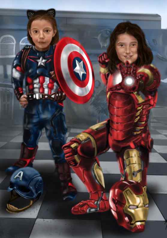 Ilustración de unas pequeñas niñas fans de los comic de Marvel. Iron man y Capitán América en la piel de dos dulces niñas. Ilustración sobre foam 42xm x 60cm