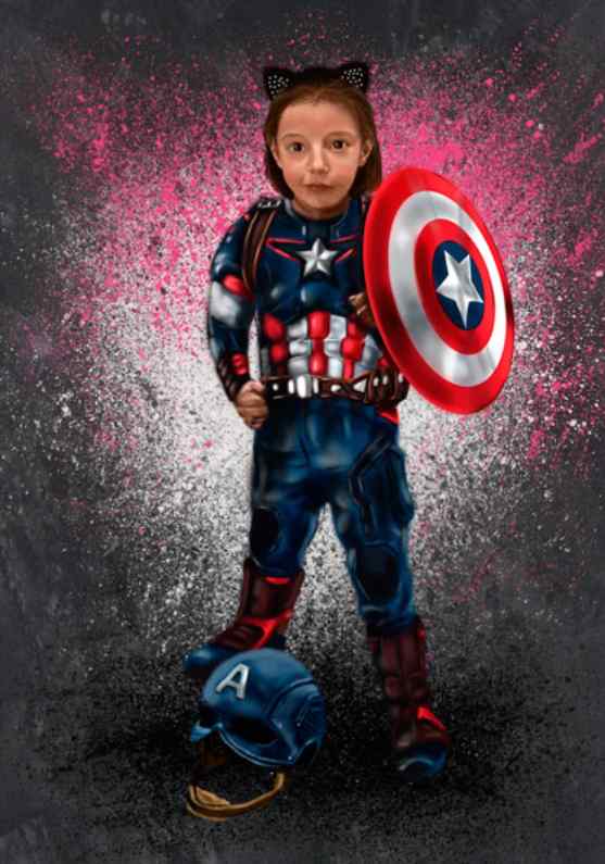 /Gran fan de Disney y de Marvel. Ilustración de una niña de 6 años como Capitán América.