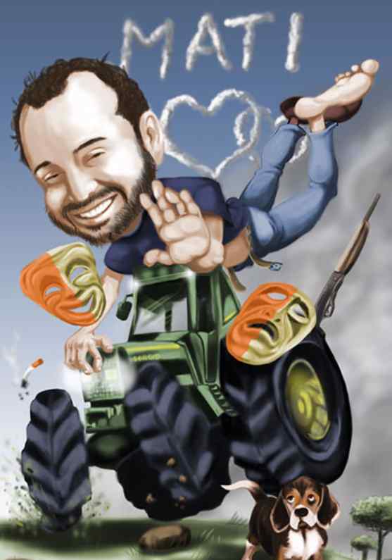 /Representación de Sergio encima de su tractor y su perro.