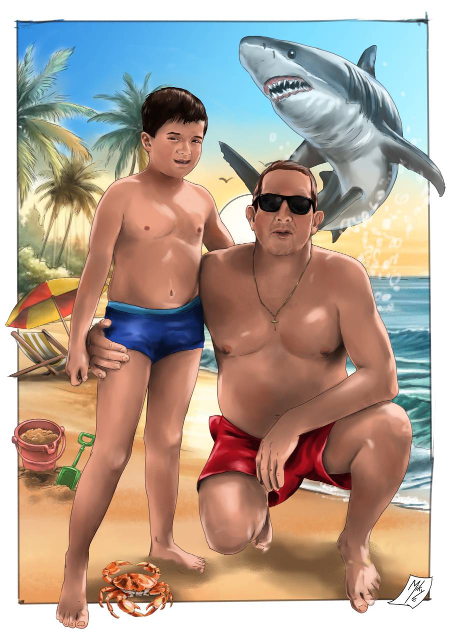 Este dibujo combina el relax de un día de playa con el inesperado (y cómico) encuentro con un tiburón. Con un estilo desenfadado y personajes llenos de expresividad, la escena capta ese momento divertido que descubre que no está solo en el agua.