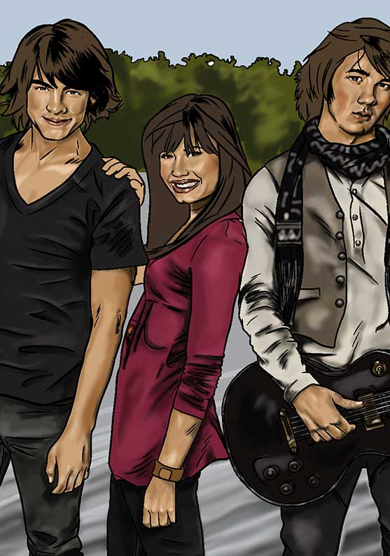 /Retrato de Demi Lovato posando con los Jonas Brothers. Si quieres algo original para decorar tu casa, la ilustración tipo comic es ideal..