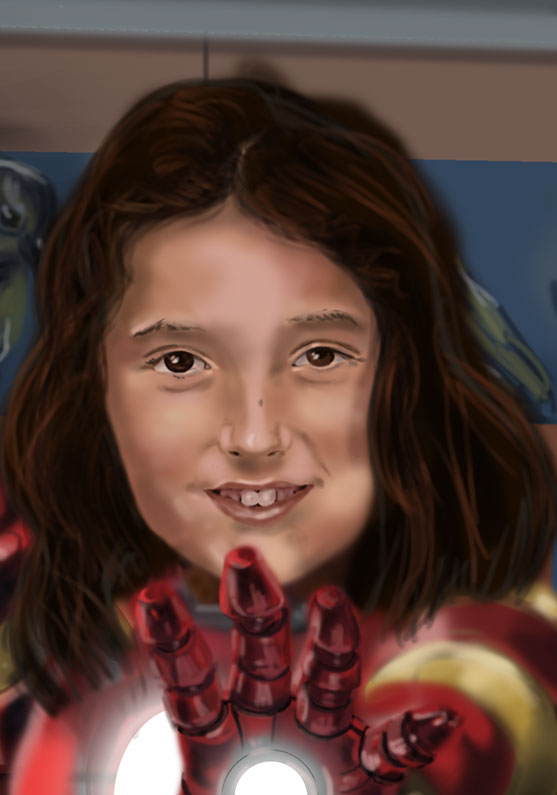 /Niña fan de Iron Man. Ilustración de una niña de 11 años dentro de la armadura de Iron Man