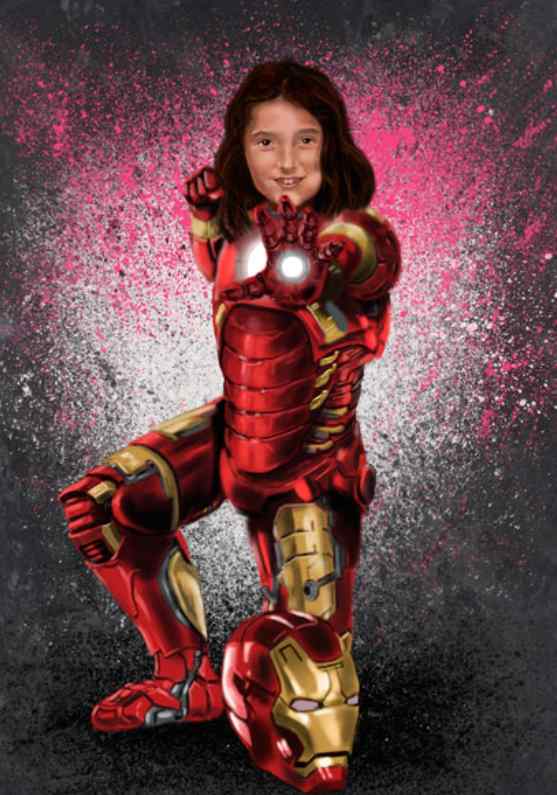 Niña fan de Iron Man. Ilustración de una niña de 11 años dentro de la armadura de Iron Man