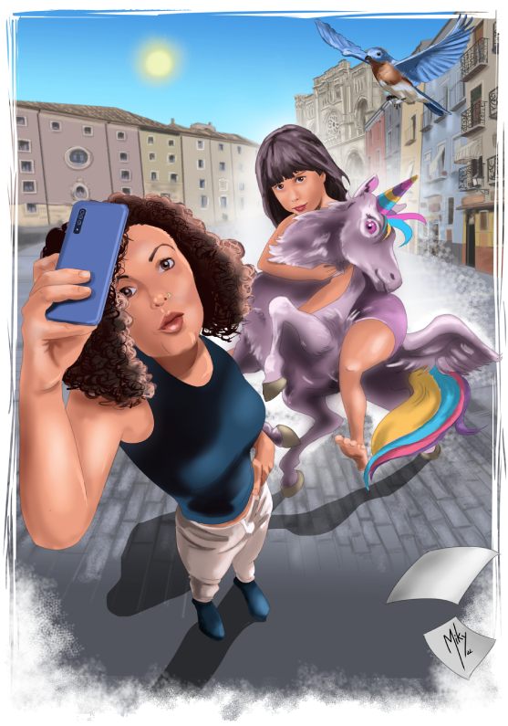 Ilustración de dos chicas haciendose un selfie en la Plaza Mayor de Cuenca. Unicornio incluido