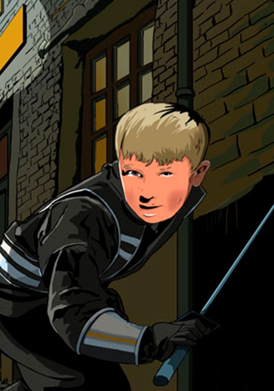 /Dibujo a color de un joven ninja recorriendo las nocturnas calles del norte de inglaterra