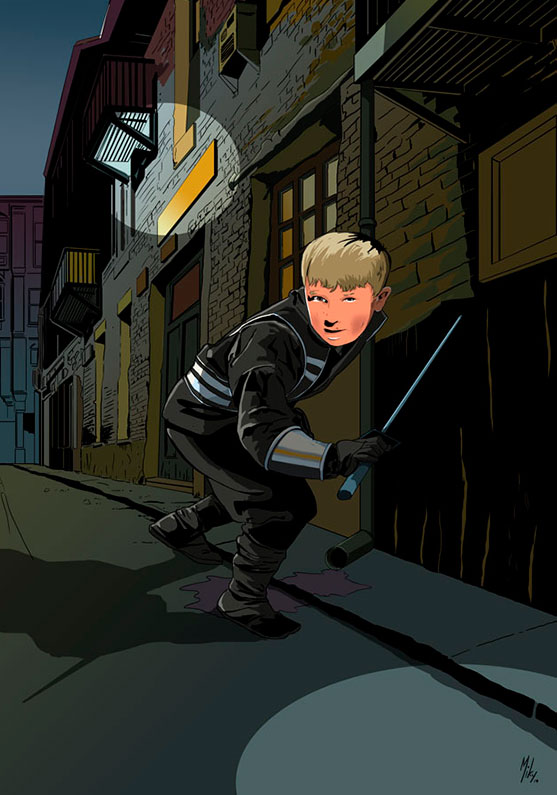 Dibujo a color de un joven ninja recorriendo las nocturnas calles del norte de inglaterra