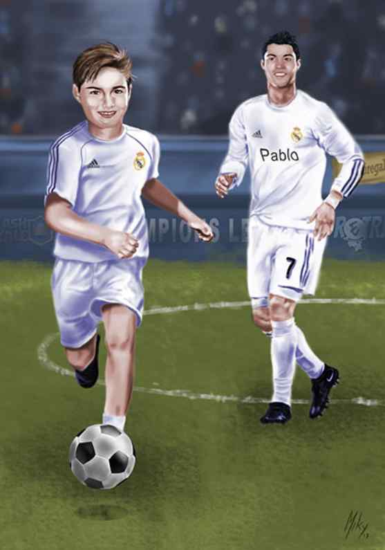 /Retrato de Pablo jugando al futbol en el campo Santiago Bernabeu con su ídolo Cristiano Ronaldo. Realizado a lapiz y coloreado digitalmente