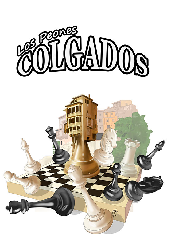 Una ilustración que mezcla un tablero de ajedrez y las casas colgadas de Cuenca. Peones colgados