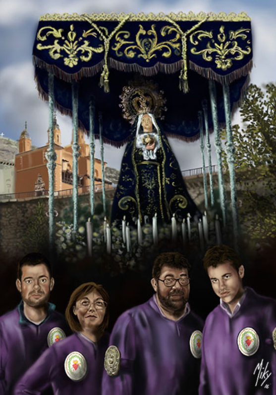 /Ilustración de familia posando junto a la Virgen de la Soledad del Puente de Cuenca. Sobre lienzo 42xm x 60cm