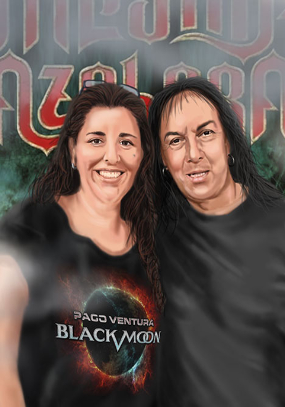 /Ilustracion de una fan posando junto a su ídolo Paco Ventura, guitarrista de Medina Azahara. Sobre foam 42cm x 60cm