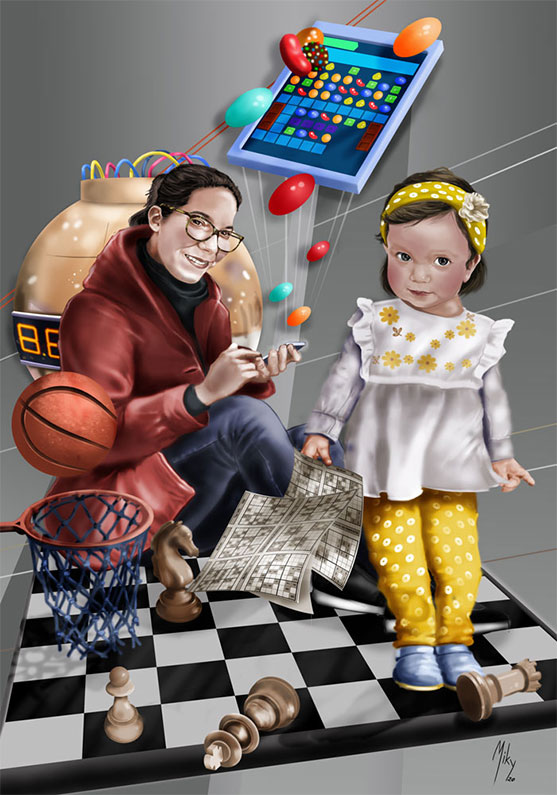 Retrato de una madre y de su hija. La madre está reodada de las cosas que le gustan como el ajedrez, baloncesto, el candycrush y el programa boom