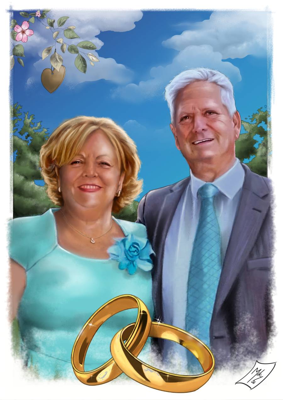 Dibujo de un matrimonio en sus bodas de oro