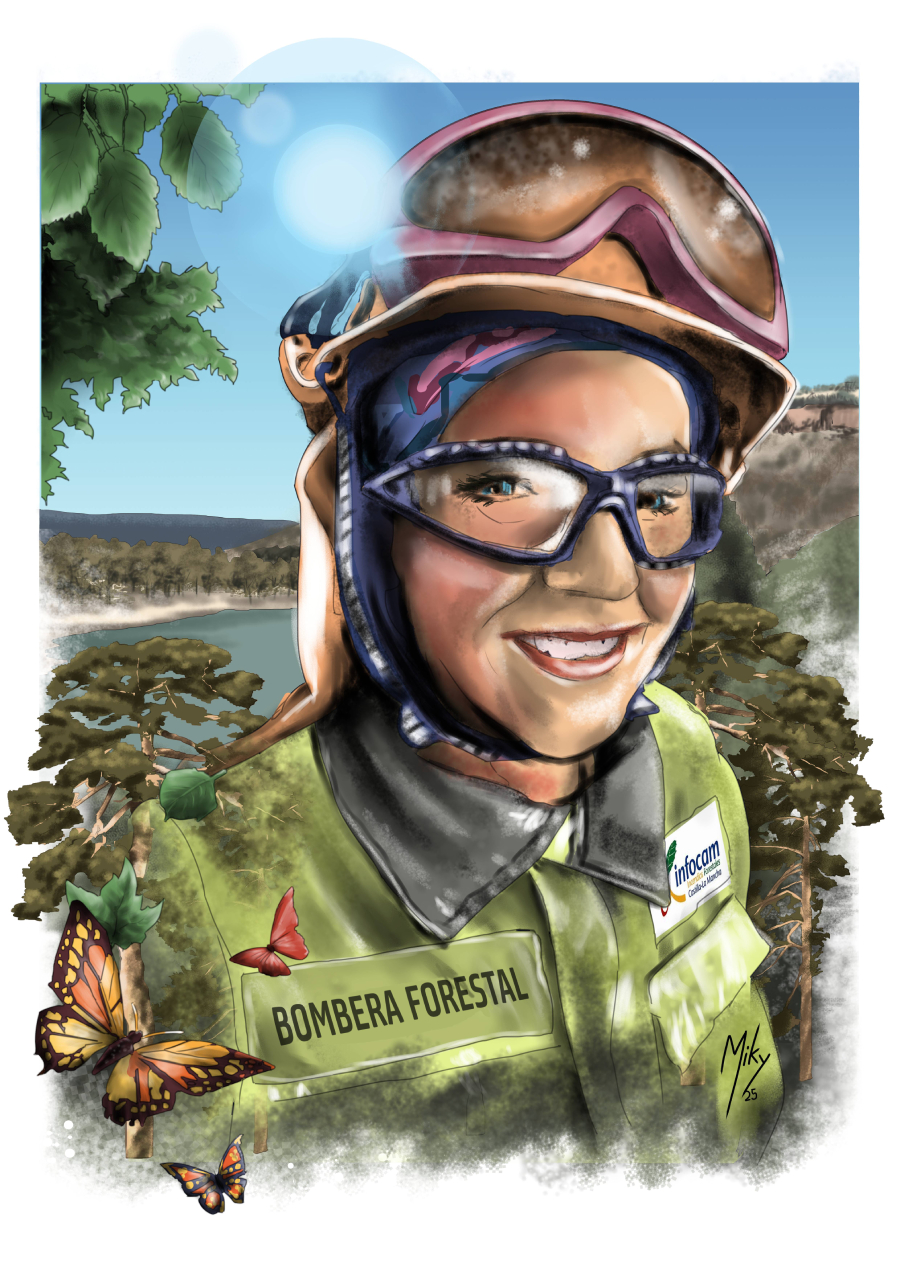 Ilustración para el día de la mujer trabajadora, día 8 de marzo de 2025. Dibujo de Bombera forestal, trabajadora de la empresa pública Geacam
