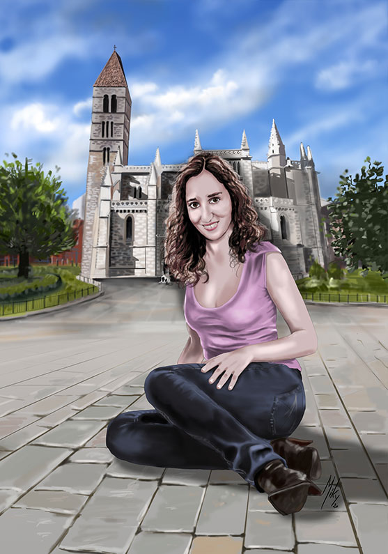 Cuadro de un retrato de una chica sentada en la plaza de la iglesia Santa María de Valladolid