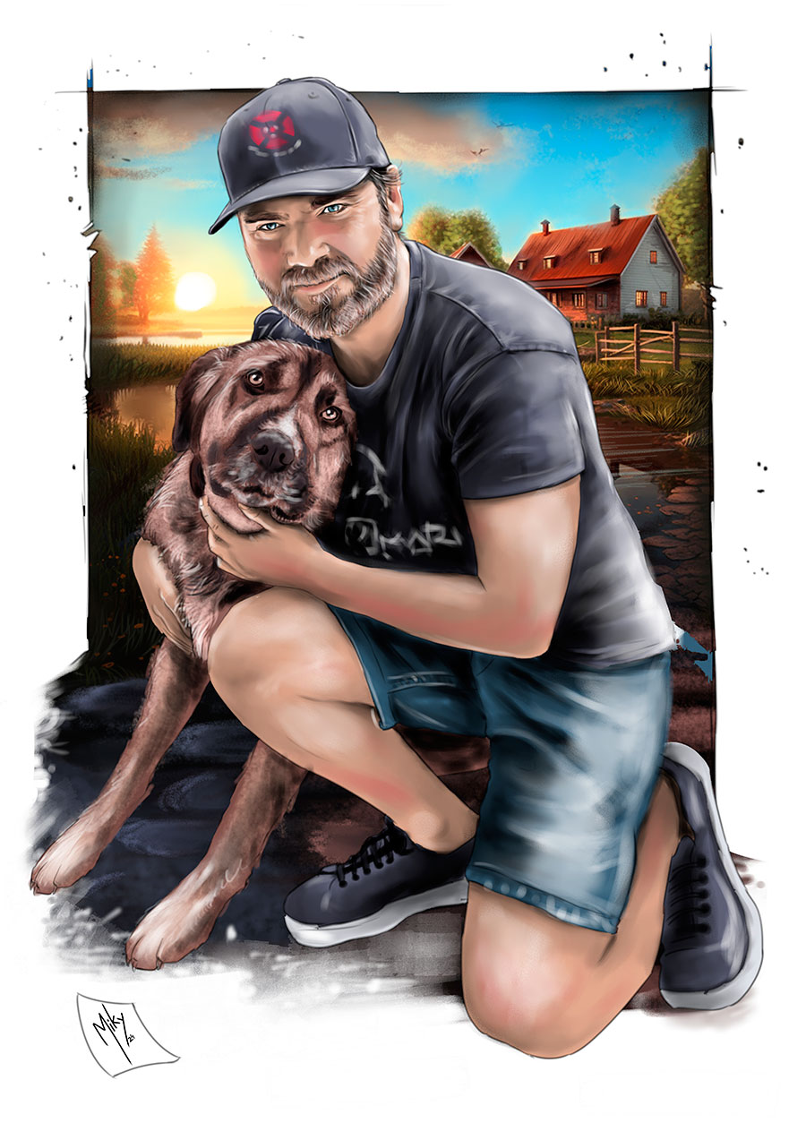 /Retrato de un joven con su perro. Técnica mixta. lápiz, carboncillo, pastel y retoque digital a tamaño A3