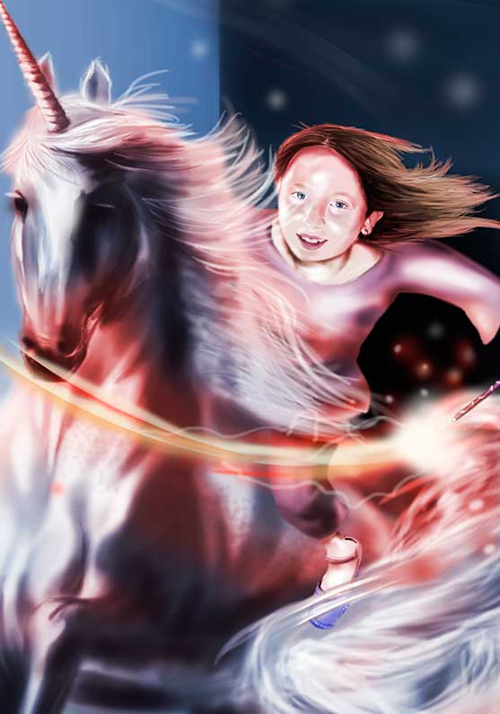 Ilustración del deporte de esgrima y la aparición inesperada de la niña montado en un unicornio y su varita mágica