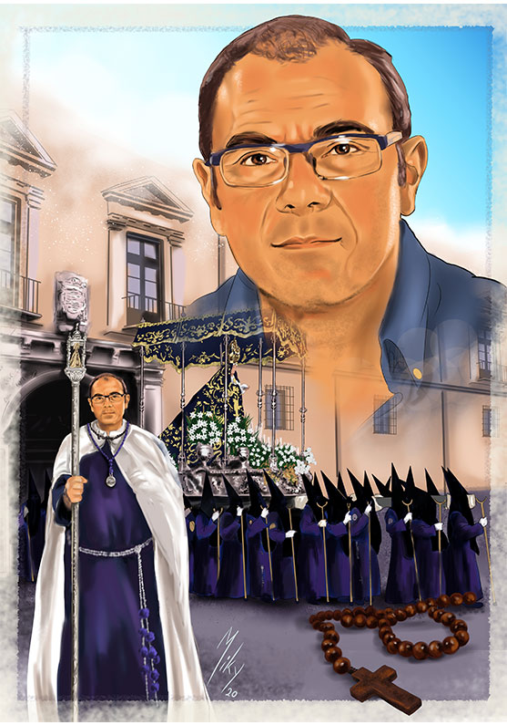 Retrato de un nazareno de la procesión de cuenca de la VIrgen de la Soledad del Puente. al fondo se puede ver la procesión saliendo por la puerta del Palacio Episcopal