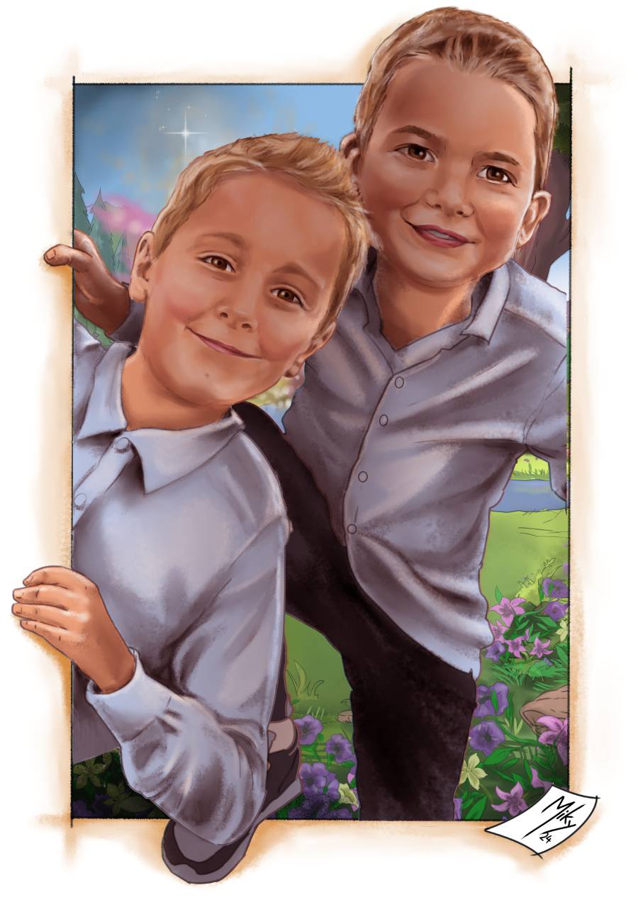Retrato de dos hermanos. Lápiz, colores y digital
