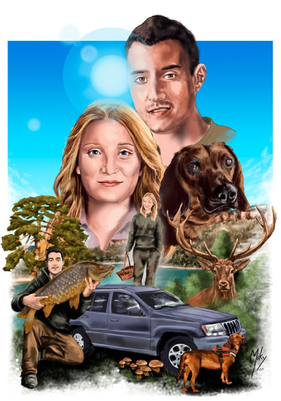 Retrato de una pareja con perro. Ilustración que refleja todos los hobbies que tienen la pareja, todo relacionado con la naturaleza