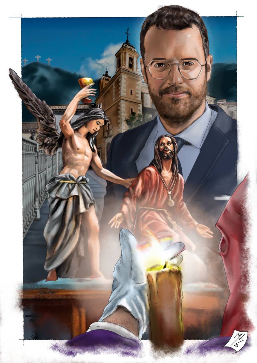 Ilustración de Juan I. Cantero, pregonero de la Semana Santa de Cuenca de 2025. Ilustración con la Iglesia de San Antón y el paso de semana santa el Huerto de San Antón