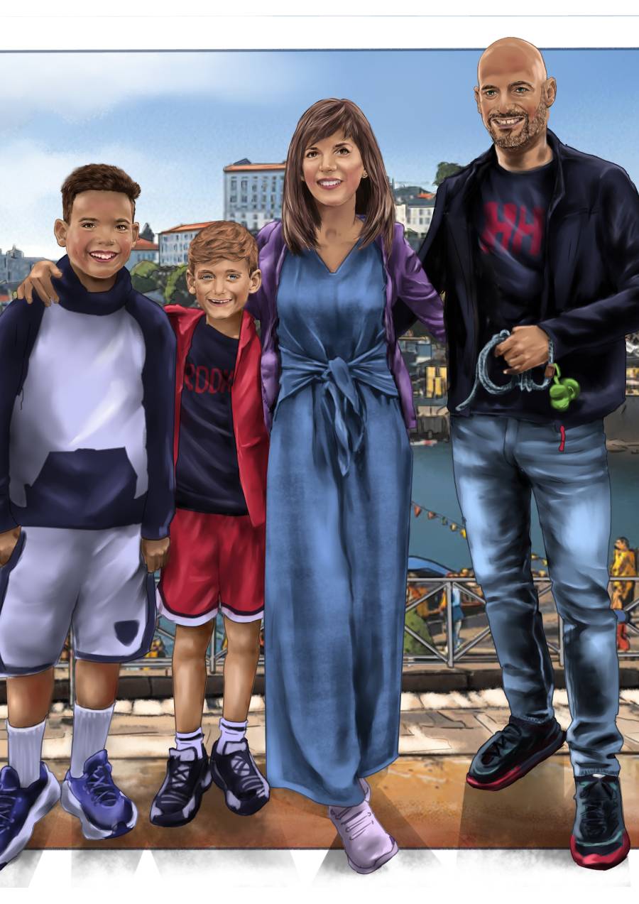 Descubre la magia de un dibujo familiar personalizado con fondo de Oporto, una ilustración única que combina el amor familiar con la belleza de este país lleno de historia y encanto.