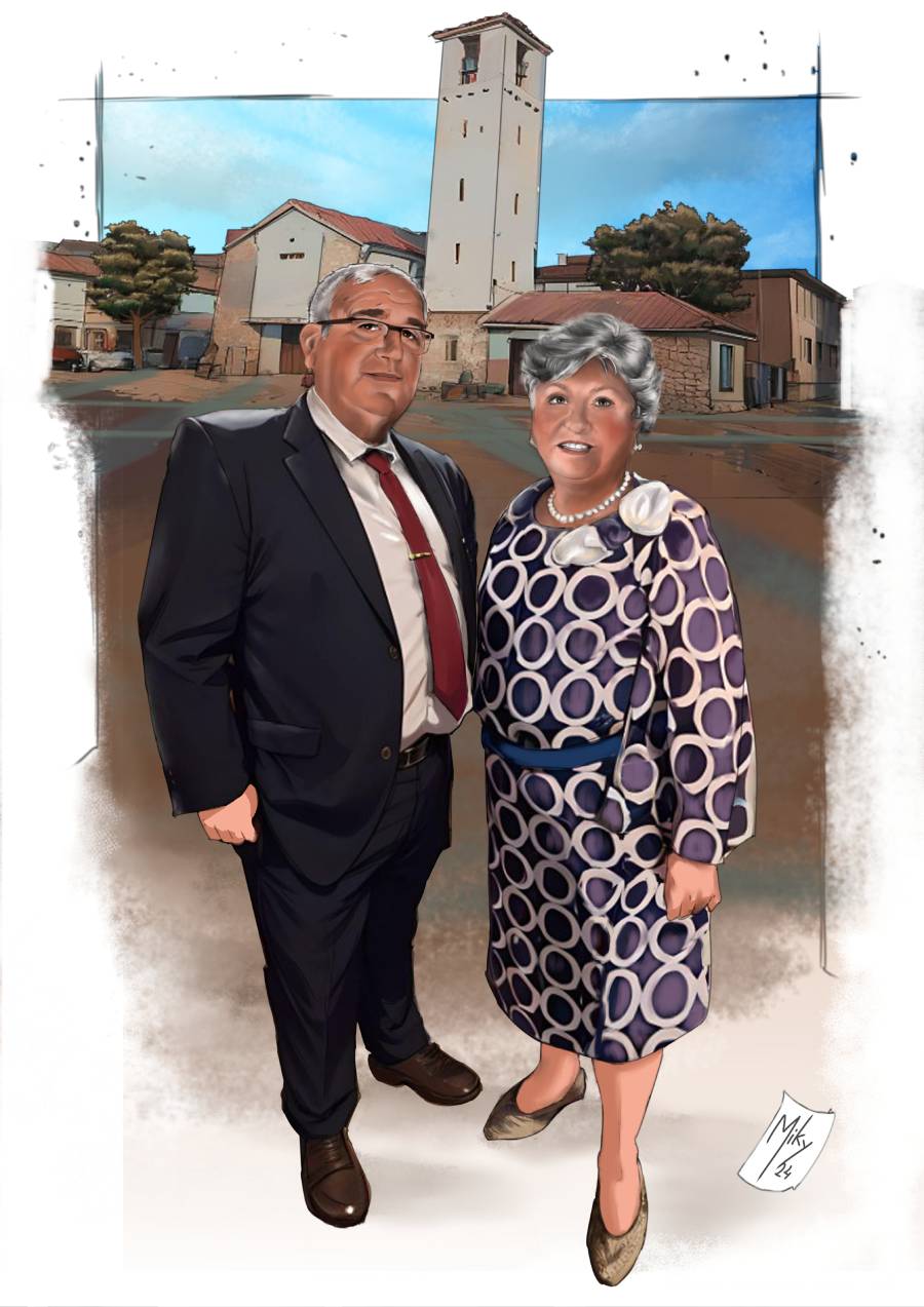 Dibujo de una pareja posando y detrás la Iglesia