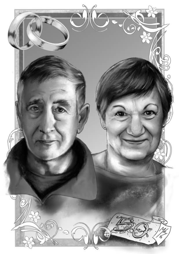 celebración íntima de unas bodas de oro, capturada en tonos de blanco y negro que evocan nostalgia y elegancia. En la imagen se percibe la unión de una pareja que ha compartido cincuenta años de vida juntos, rodeada de familiares y seres queridos.