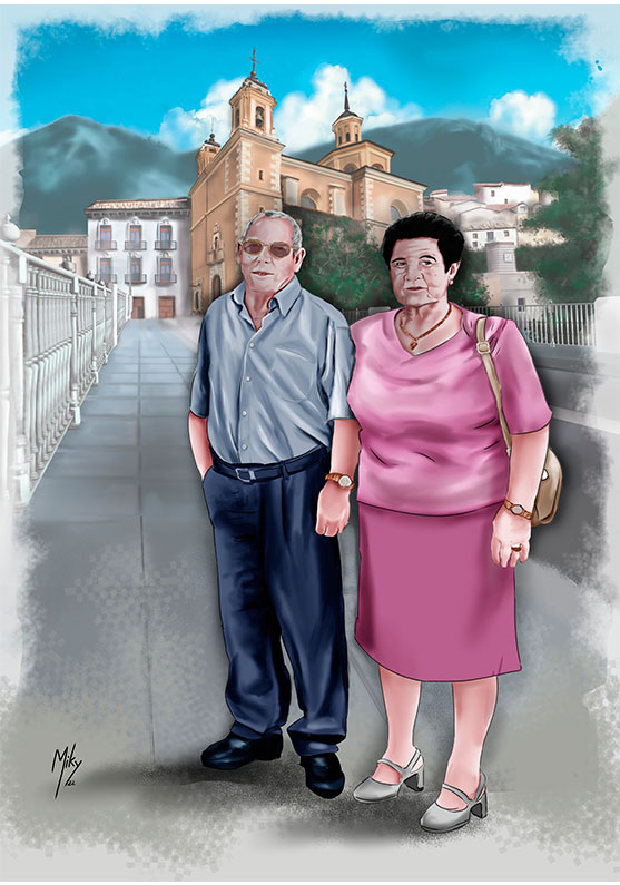 Ilustración de una pareja en el barrio de San Antón de Cuenca. Al fondo la Iglesia de la Virgen de la Luz