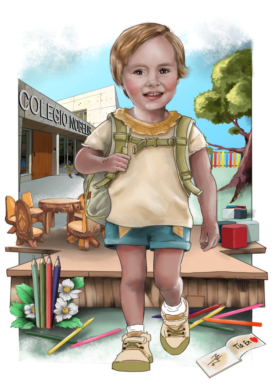 Retrato de una niña del primer día de cole. Recuerdo familiar