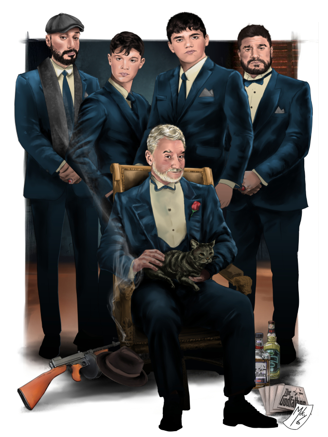 Retrato familiar caracterizado como la mafia italiana, inspirado en la icónica película El Padrino.