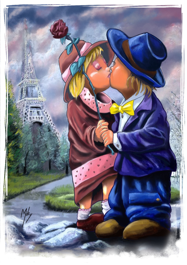 /Ilustración de una hermosa escena de un beso en la ciudad de París