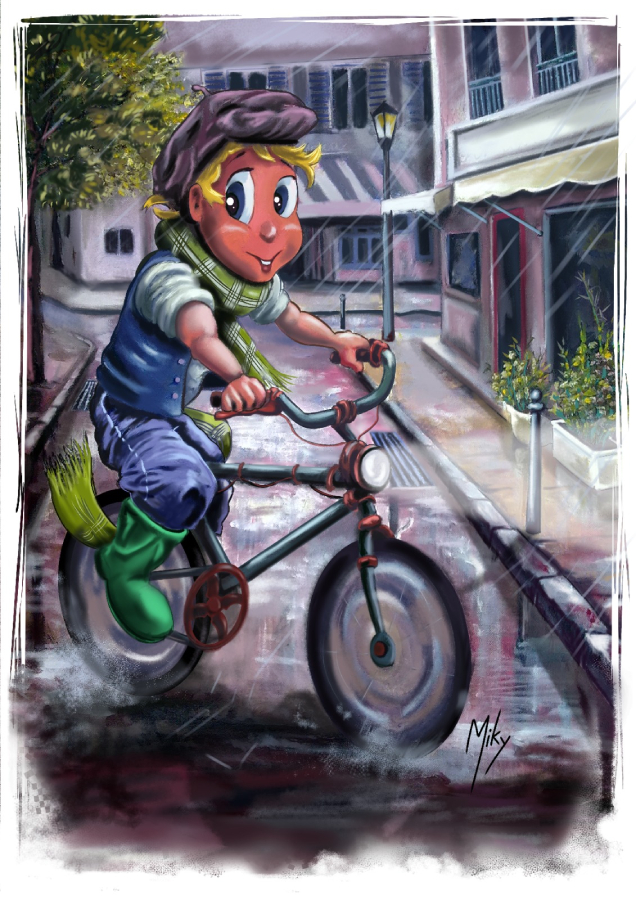 Ilustración de un paseo en bicicleta por una calle de París