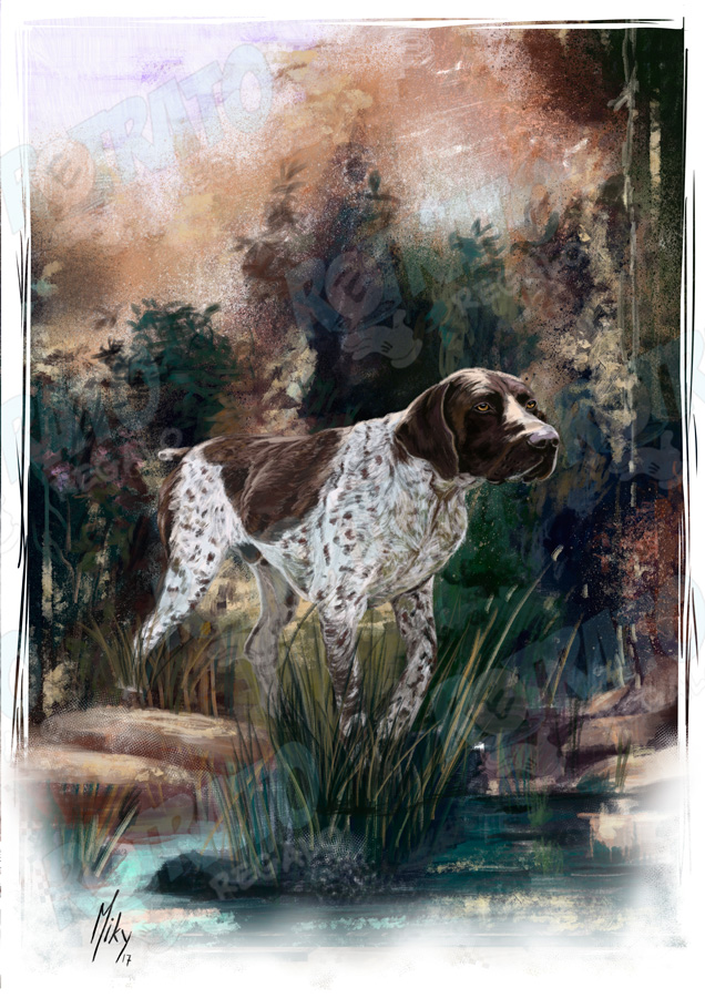 /Original realizada a pincel oleo de un perro de caza de raza Braco Alemán sobre un paisaje con colores tierra, verdes y azules.