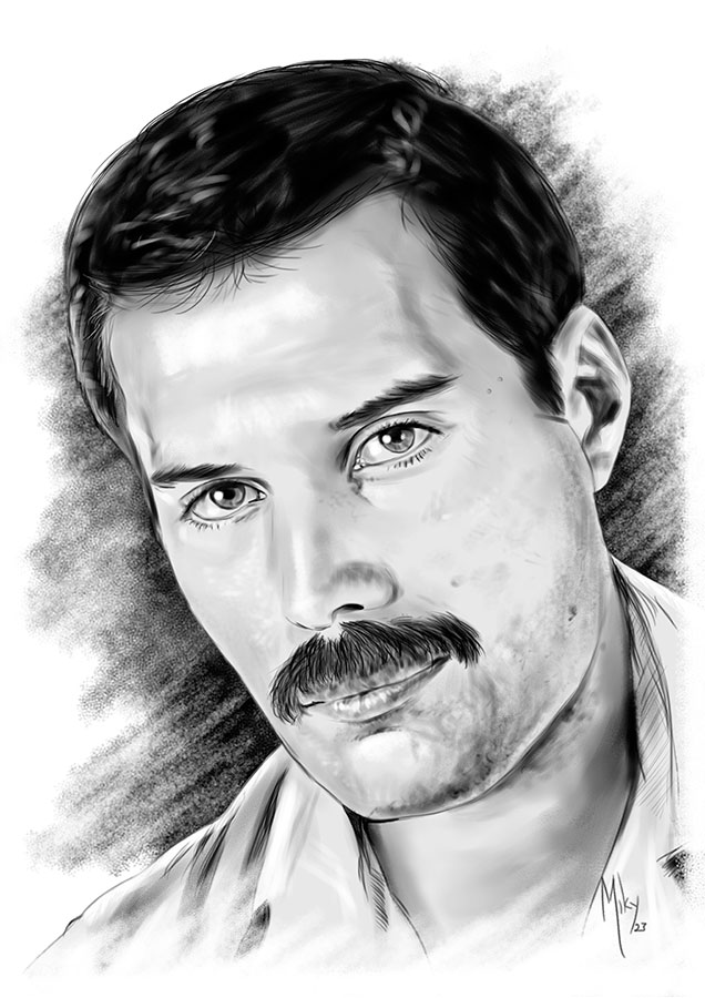 /Retrato de Freddie Mercury realizado a lápiz sobre papel, se vende copia en papel cartulina o en cartón pluma