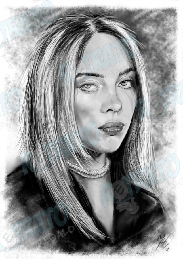 Retrato a lápiz de Billie Eilish con toques de carboncillo