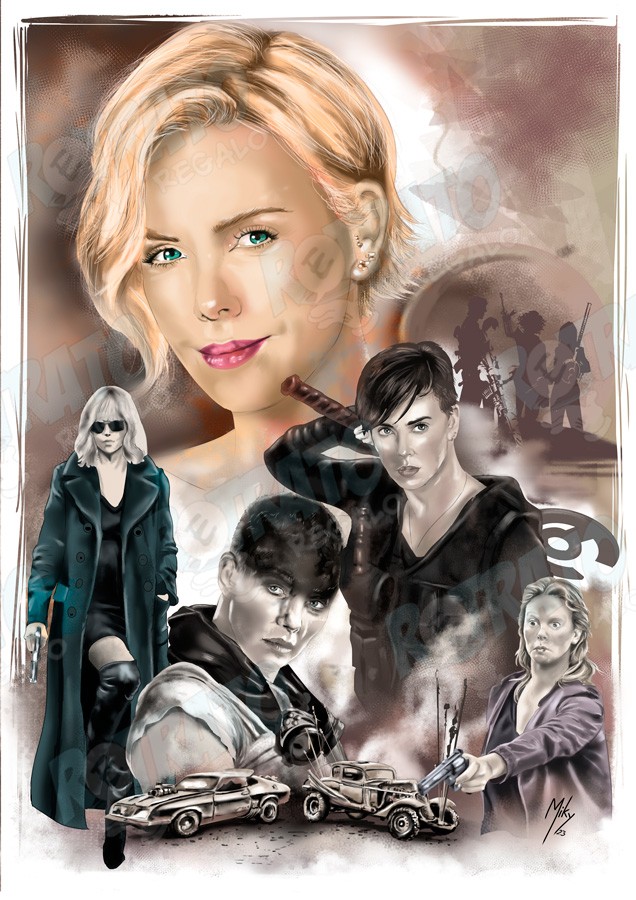 /Lámina de la actriz Charlize Theron con una muestra de algunas de sus películas como protagonista