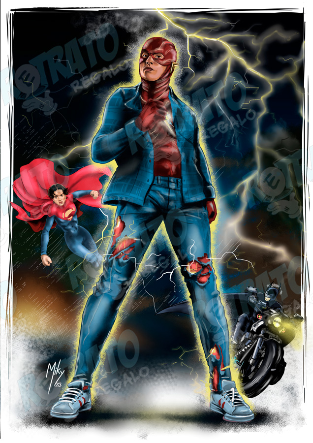 Ilustración del famoso personaje del cómic de DC: Flash. Acompañado de Supergirl y Batman. Estan basados en los personajes de la película del año 2023: The Flash del director Andy Muschietti