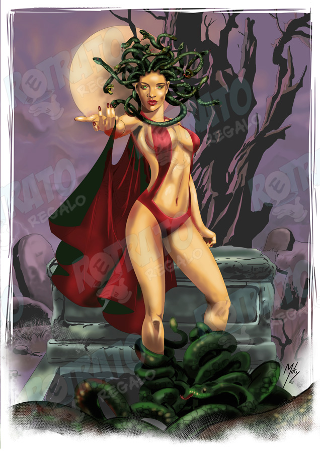 /Lámina de Medusa, ser de la mitología griega, ilustración con el rostro de Rihanna