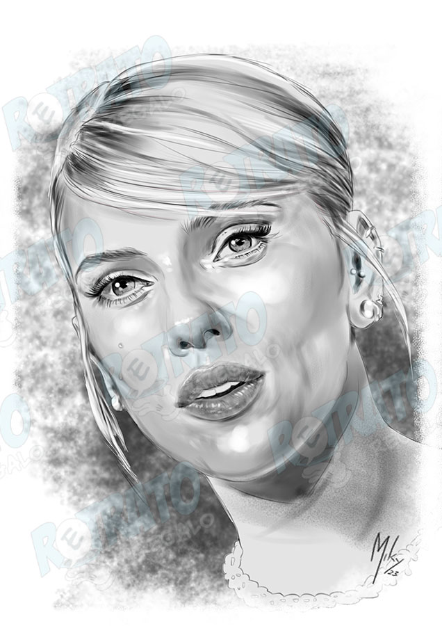 /Retrato a lápiz y carboncillo de Scarlett Johansson.  A la venta la copia en papel cartulina o en cartón pluma.