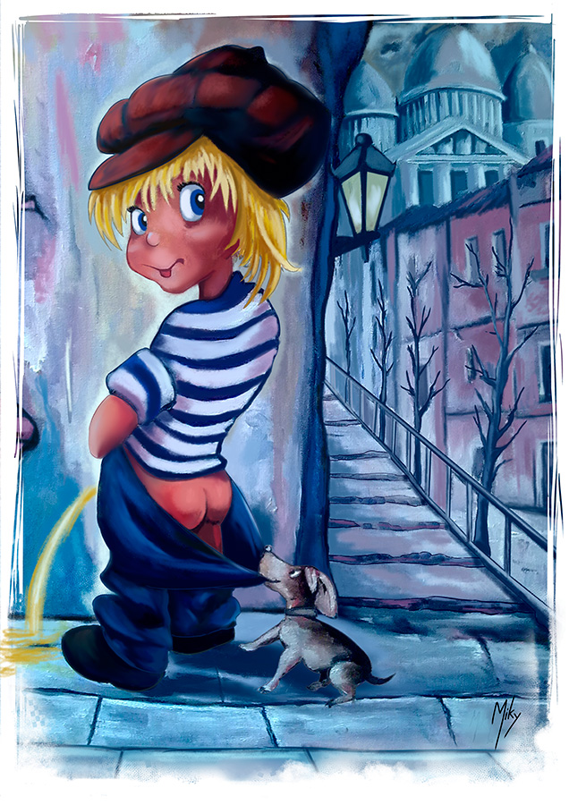 /Ilustración de una escena donde un chico está meando en una calle de París