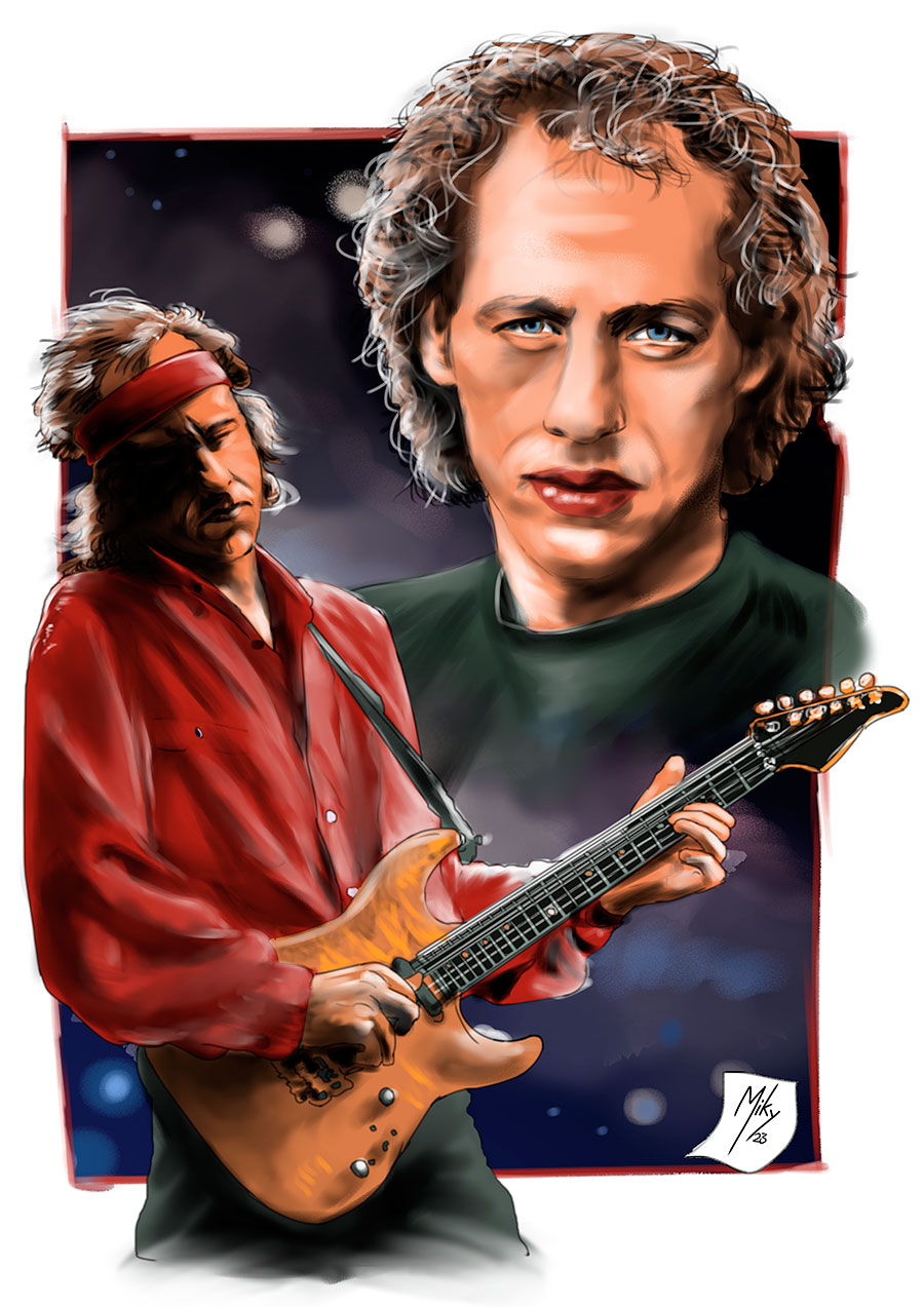 Retrato de Mark Freuder Knopfler, un cantante, guitarrista, productor, cantante y compositor británico. Lider del grupo Dire Straits