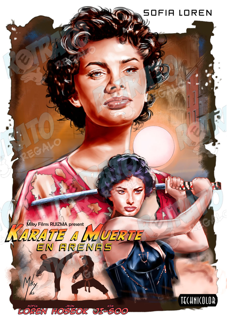 /Cartel de una película ficticia de Sofia Loren, karate a muerte en Arenas. Saga Peliculas Imposibles