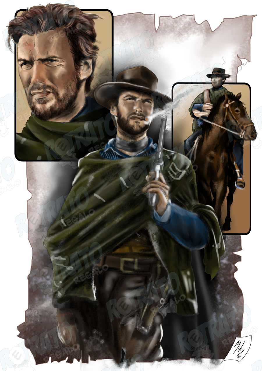 /Dibujo de la protagonista de los spagetti western de Sergio Leone, Clint Eastwood el hombre sin nombre