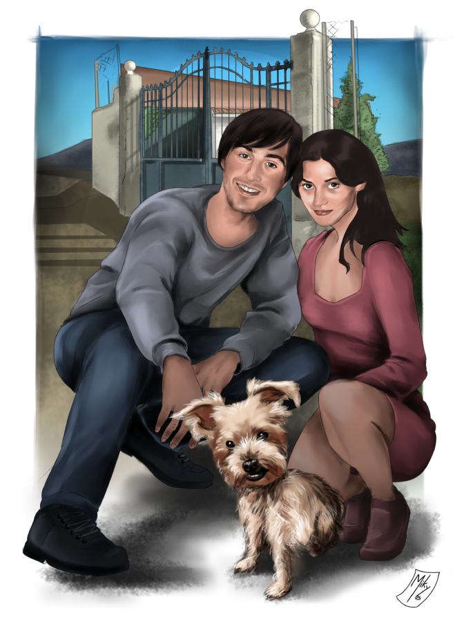 Retrato personalizado de una pareja con su mascota hecho a medida.