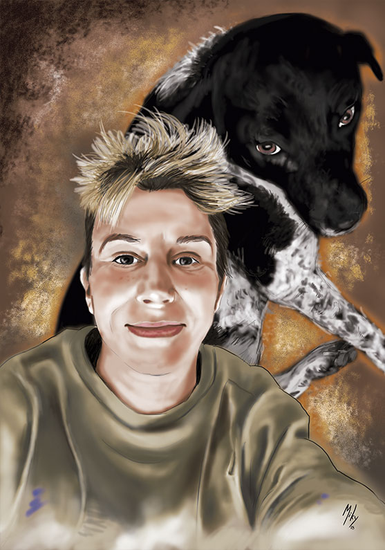 Dibujo de una chica y su perro