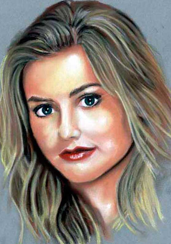 /Ilustración de pastel sobre papel Canson. Mujer rubia risueña, Alicia silverstone