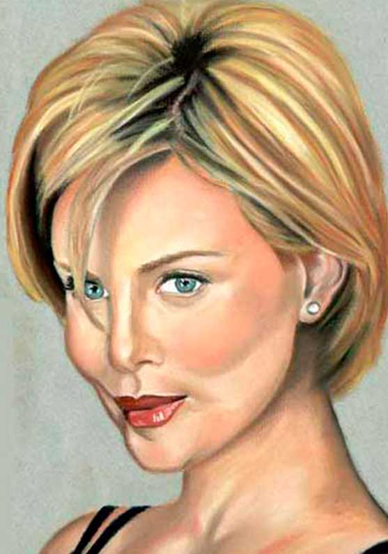 Ilustración de pastel sobre papel Canson. Mujer de mirada triste y risueña, charlize theron